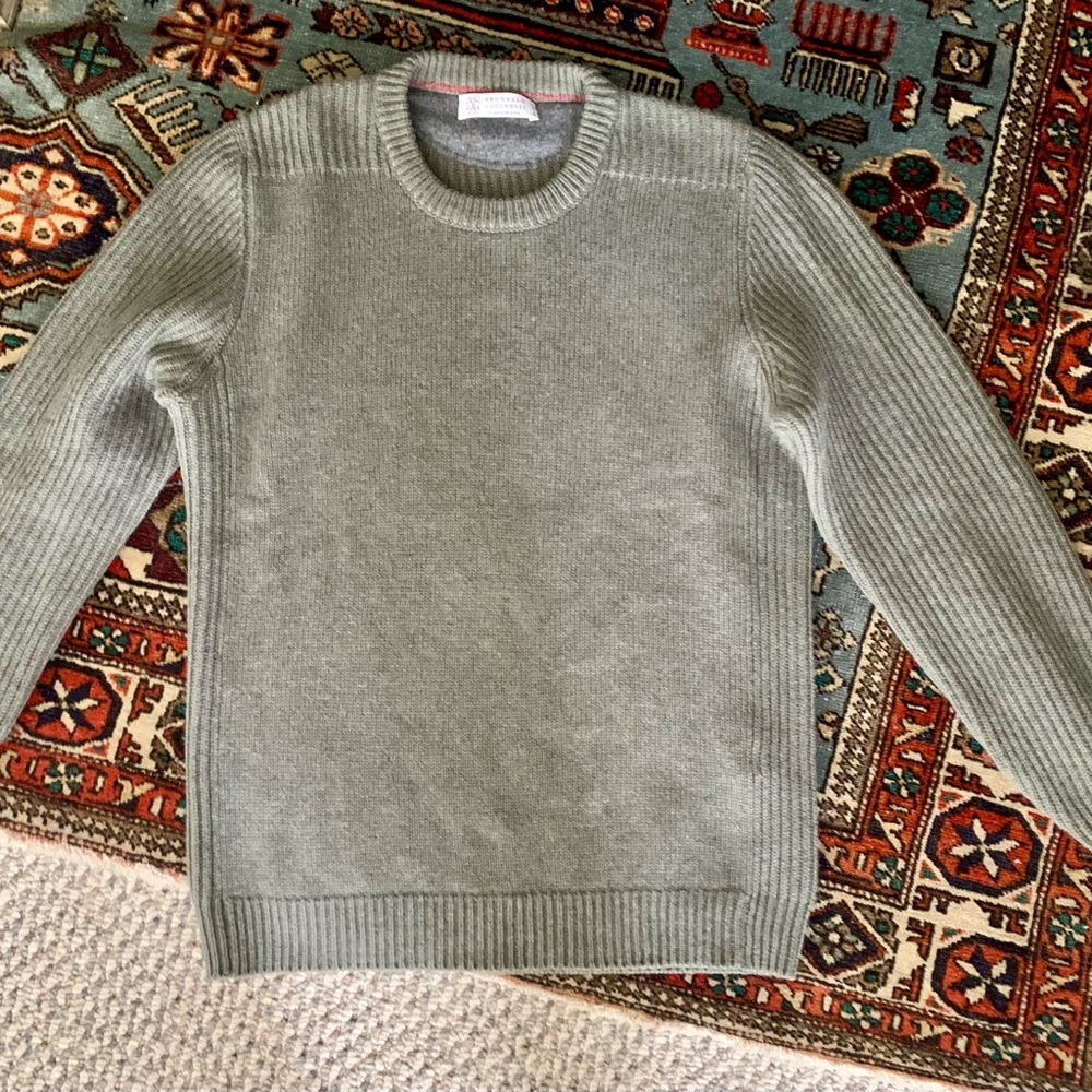 Brunello Cucinelli Mens Cashmere ribbed Crewneck Sweater military green